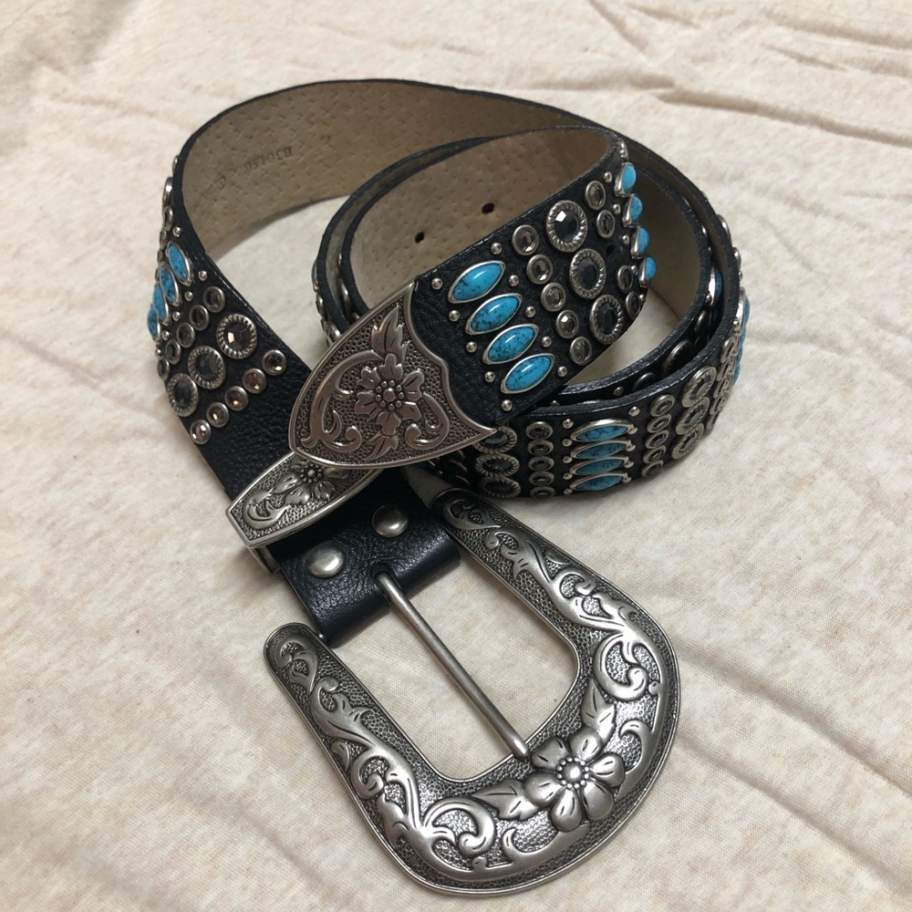 Genuine Leather Western Studded Belt Turquoise Silver Ornate Buckle Cowgirl